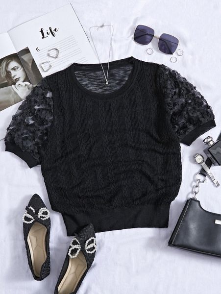 

applique detail puff sleeve knit g97x#, White;black