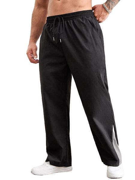 

extended sizes men contrast panel drawstring waist straight leg pants o48f#, Black