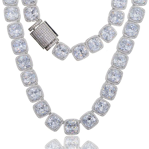 

men hip hop heavy necklace with square cz cluster large size tennis chain necklace iced out big stone charm fashion jewelry, Silver