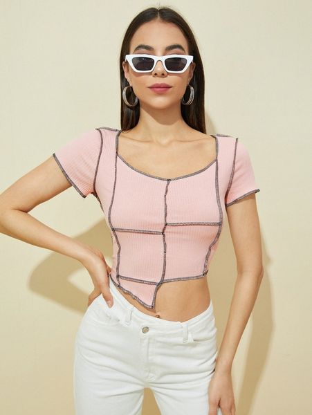 

asymmetrical hem contrast stitch crop tee b7lx#, White
