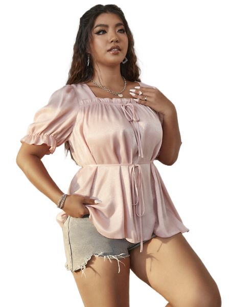 

plus square neck puff sleeve belted blouse p7nb#, Black