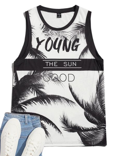 

men tropical & letter graphic tank k86v#, White;black