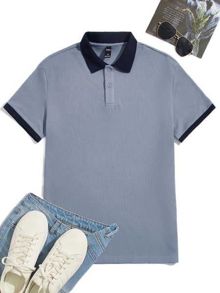 

men drop shoulder contrast collar textured polo shirt t9p6#, White;black