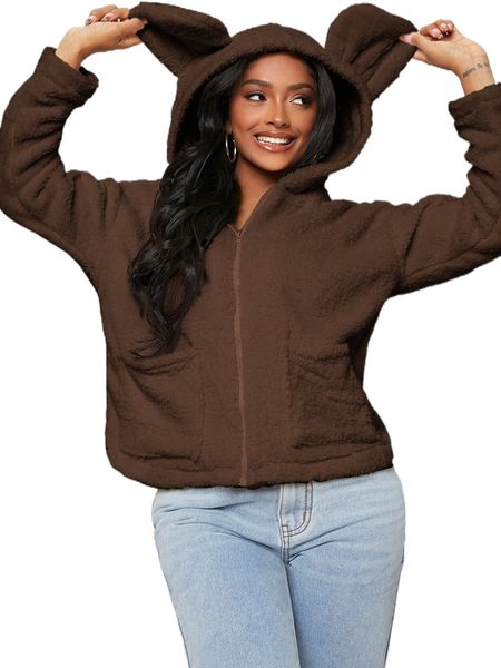 

sxy 3d ear design dual pocket zip-up hooded teddy coat p1dj#, Black