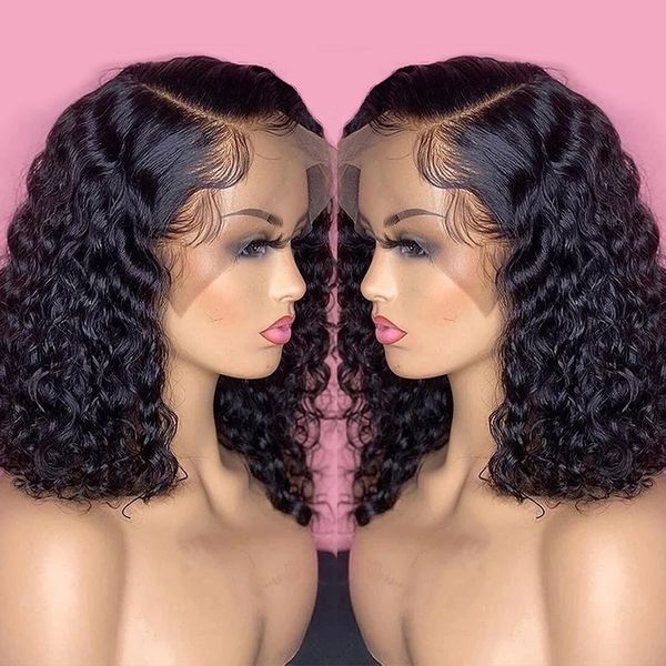 Bob Jerry Jerry Curly T Parte Human Hair for Black Women Pré -explorou Transparente Deep Wave Frontal Brasilian Lace 0618