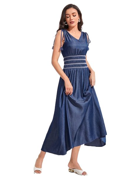 

tie shoulder shirred waist dress f3f5#, Black;gray