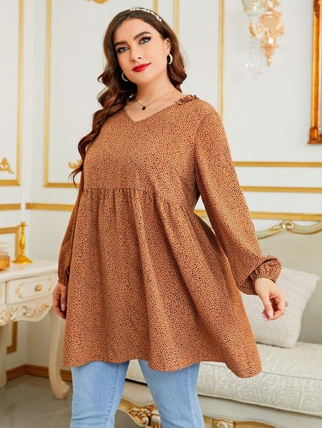 

plus dalmatian print lantern sleeve frilled neck blouse v8eq#, Black