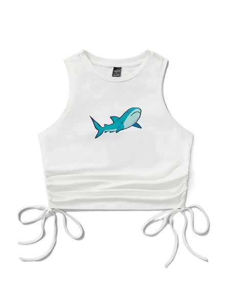 

x ishali art shark print drawstring side tank 94zy#, White