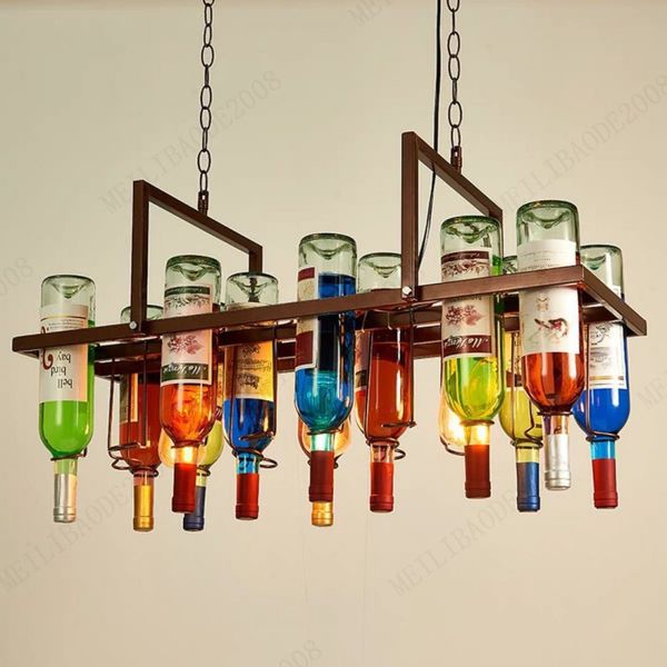 American Retro Industrial Industrial Glass Wine Bottle Pingente Lâmpadas Vintage Bar Loft Creative Iron Restaurant Coffee Shop Chandelier Arte Decorativa Luzes de suspensão