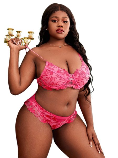 

plus embroidery mesh underwire lingerie set s3xz#, Black;white
