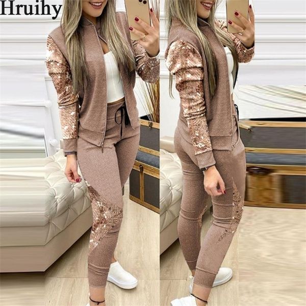 Kadınlar Moda Payetler Fermuar Coat İpli Pantolon Seti Casual Eşofman Ter Suits T201031 için Sonbahar Kış İki Adet Kıyafetler