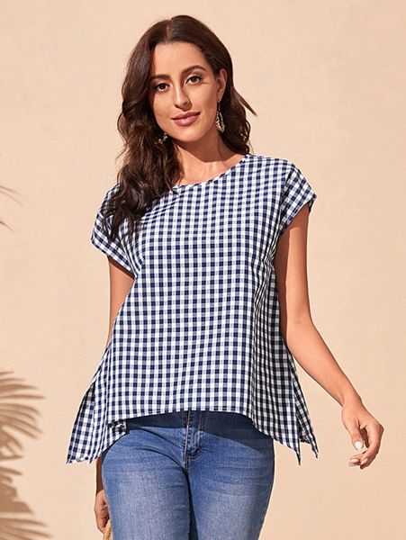 

emery rose gingham batwing sleeve asymmetrical hem 44xy#, White