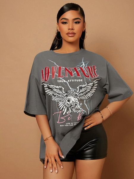 

sxy eagle & slogan graphic drop shoulder tee 86pv#, White