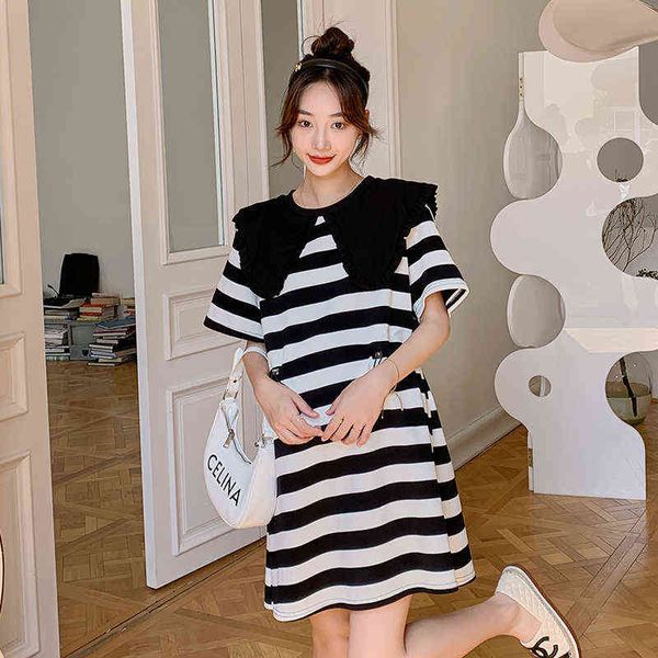 Verão Peter Pan Collar Stripe abdominal vestido grávida ajustável Plus Tamanho Maternidade Roupas de gravidez vestidos de algodão J220628