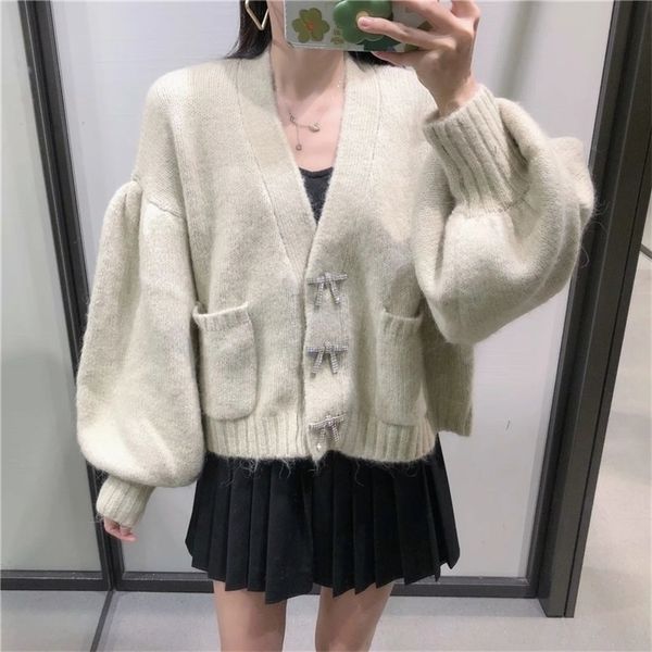 

za buttons cropped knitted cardigan sweater women autumn cute long puff sleeve v neck oversized cardigan 201203, White;black