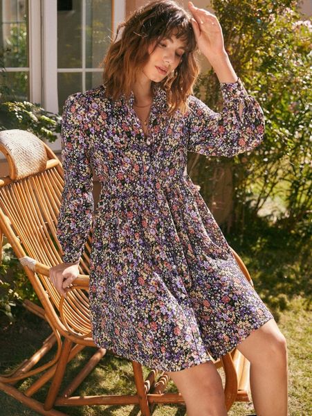 

allover floral print smock dress z3cr#, Black;gray