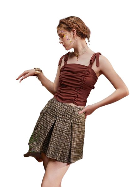 

x leslie samano plaid double breasted fold pleated skirt v9vk#, Black