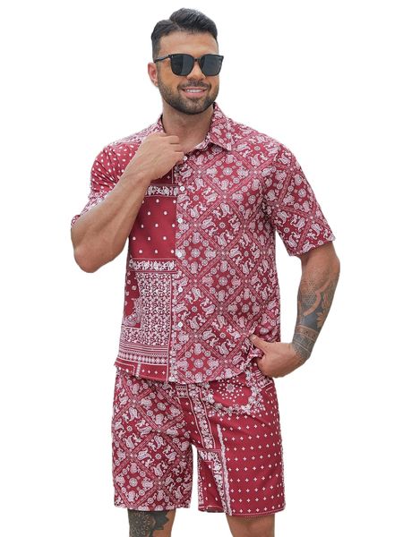

extended sizes men paisley print shirt & shorts 152k#, Gray