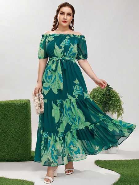 

plus off the shoulder floral print ruffle hem belted dress s1ol#, Black