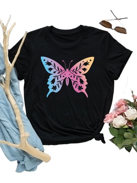 

plus butterfly print round neck tee p5z1#, Black
