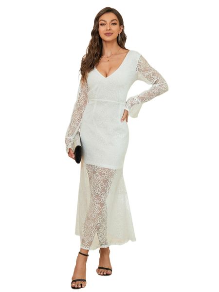 

flounce sleeve backless mermaid hem lace dress k2hh#, Black;gray