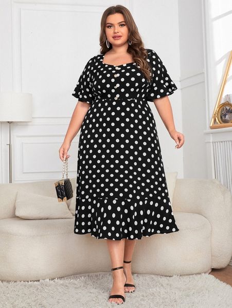 

plus polka dot ruffle hem dress d0h3#, Black