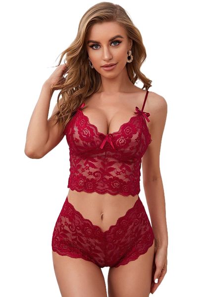

floral lace scallop trim lingerie set g8mg#, Black;red
