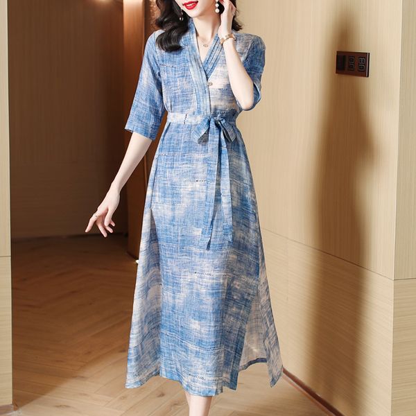 

summer casual dresses women's elegant long loose gown hanbok style asian clothing cotton linen breathable blue dress v-neck robe, Black;gray