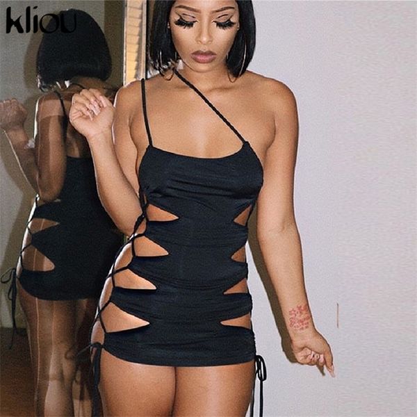 

kliou cut out mini dress women one shoulder side bandage skirt cleavage drawstring bodycon party clubwear summer 220506, Black;gray