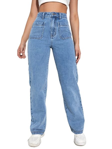 

high waist straight leg jeans 07vp#, Blue