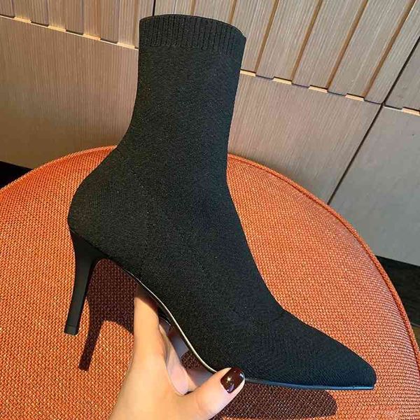

and boots autumn winter high-heeled women's shoes pointed thin heel short boots with plush elastic socks net red versatile z53n, Black