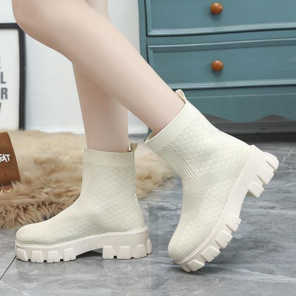 

boots stretch fabric fashion women's 2022 autumn thick platform medium square heel ankle solid slip-on breathable shoes female, Black