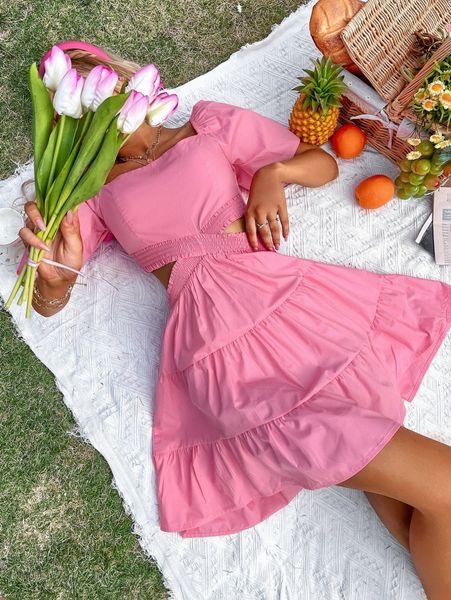 

cut out shirred ruffle hem dress 351r#, Black;gray