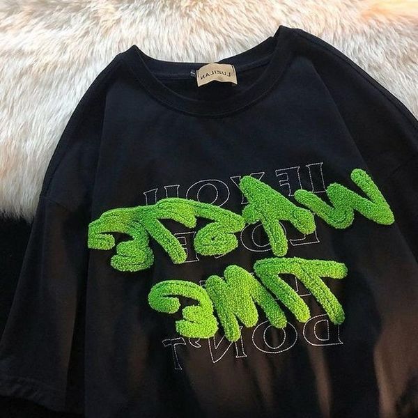

women's t-shirt flocking letter embroidery retro streetwear aesthetic short sleeve tshirt women loose o-neck oversized, White