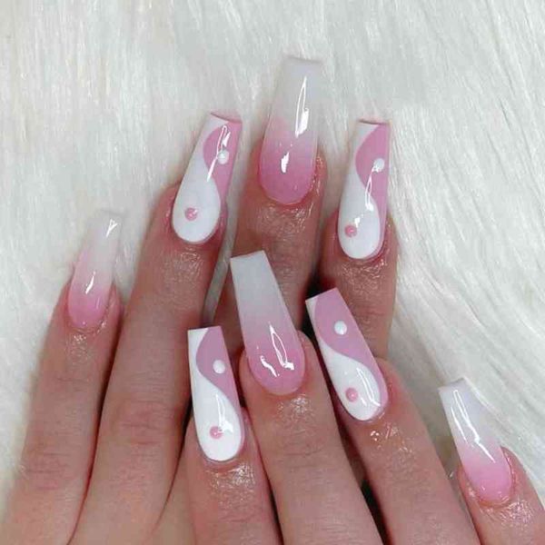 

false nails 24pcs fake with glue detachable taiji long coffin wearable ballerina full cover nail tips press on 0616