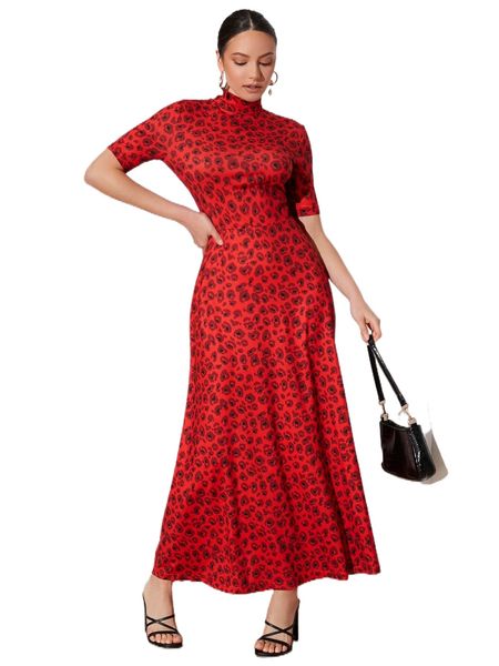 

allover print mock neck dress 81m6#, Black;gray