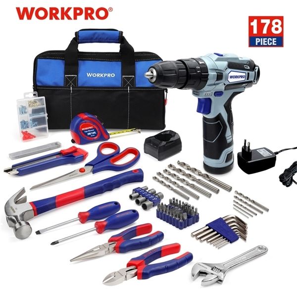 WORKPRO 178 PC Kit di attrezzi per la casa con trapano avvitatore elettrico a batteria 12V Driver di alimentazione wireless Batteria agli ioni di litio DC T200916