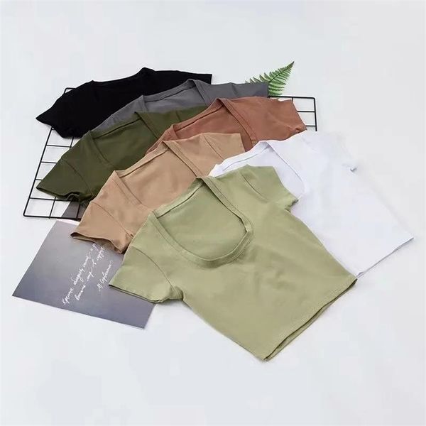 

u neck crop solid color women casual high waist t shirt basic streetwear short sleeve slimming 220624, White