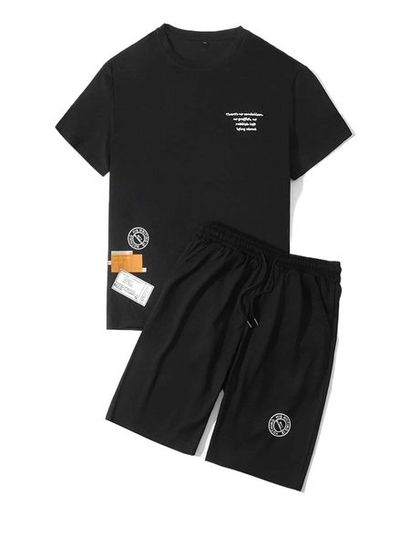 

men slogan graphic tee with drawstring waist shorts e7hx#, Gray