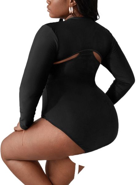 

plus cut out zip front one piece swimsuit p8y3#, White;black