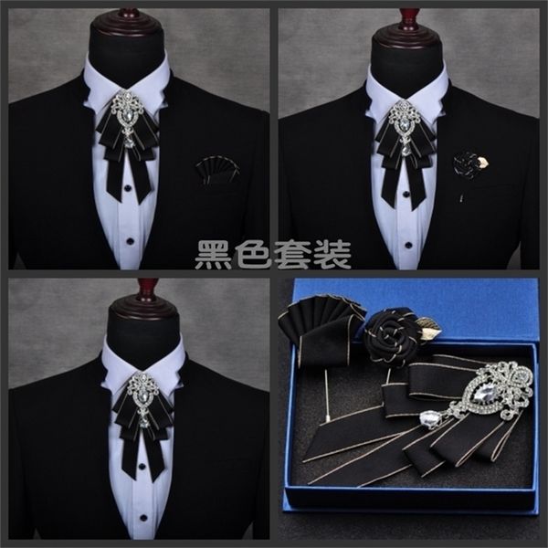 

mens male fashion diamond high-end bow groom groomsmen wedding collar accessories tie rose brooch pocket towel set 201028, Blue;purple