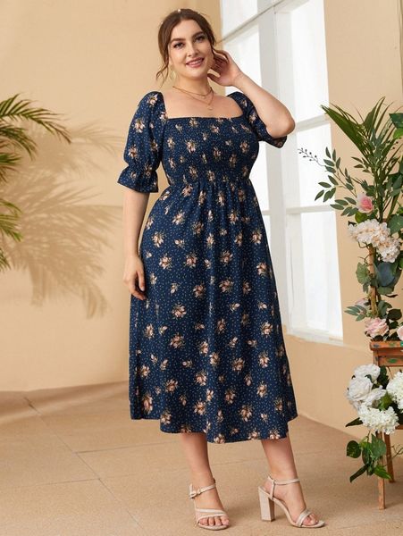 

plus square neck shirred waist ditsy floral milkmaid dress t787#, Black