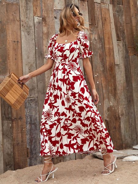 

floral print square neck dress z50d#, Black;gray