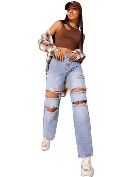 

cutout ripped straight leg jeans j1sm#, Blue