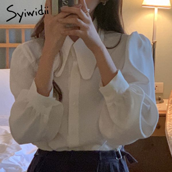 

syiwdii white button up shirt spring summer big pointed collar long puff sleeve women shirts casual korea ladies 210415