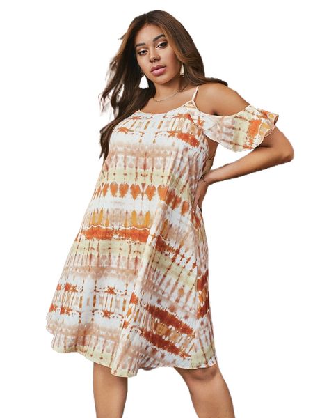 

plus tie dye cold shoulder dress g10r#, Black