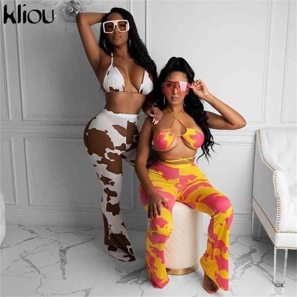 

kliou printed bodycon two piece sets women autumn sleeveless streetwear fashion skinny casual outfits and pants co-ord set 210331, Gray