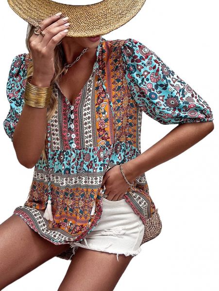 

floral & colorblock tie neck puff sleeve peplum blouse v1fa#, White