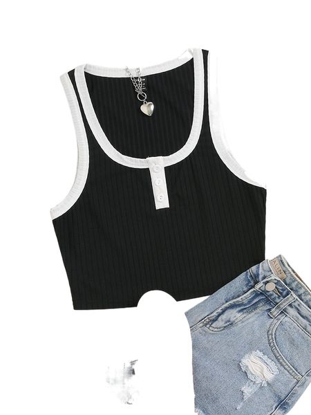 

contrast binding fake button crop tank m39f#, White