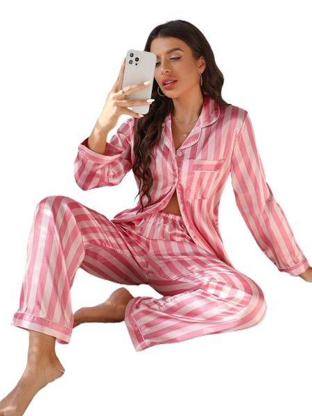 

striped jacquard satin blouse & pants pj set s1ic#, Black;red